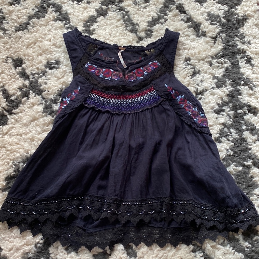 Free People Black Embroidered Tank with beading